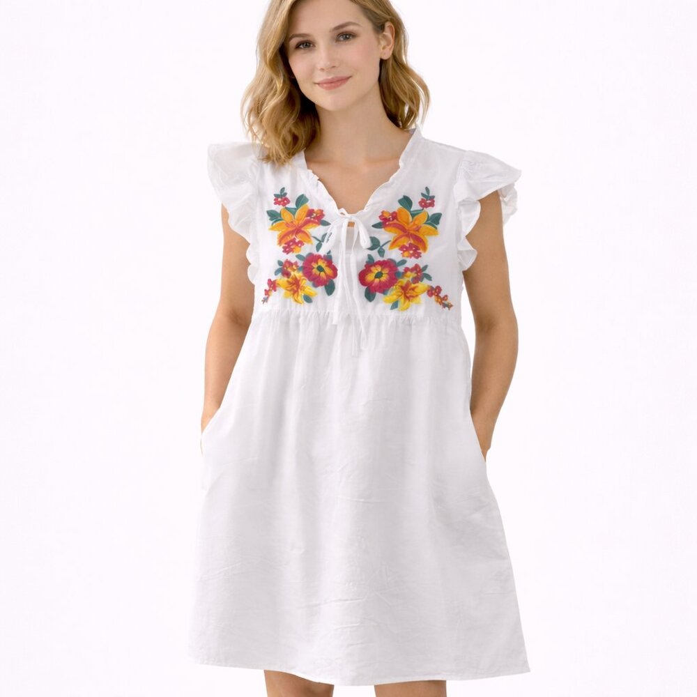White Embroidered Floral Flutter Sleeve Babydoll Dress Women’s NWT Retail $28